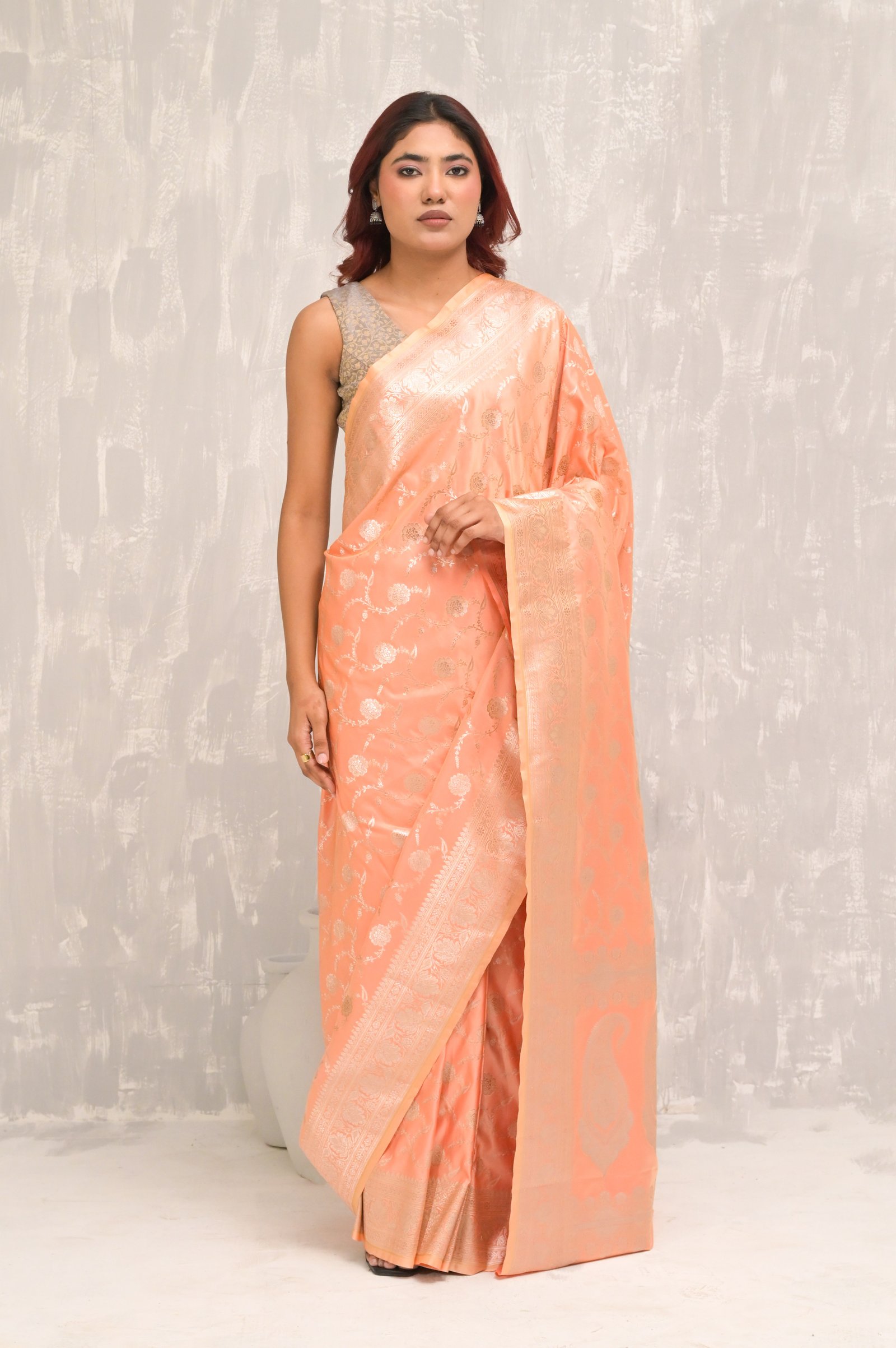 Peach floral Jangla Silver  Zari Handwoven Katan Silk Banarasi Saree